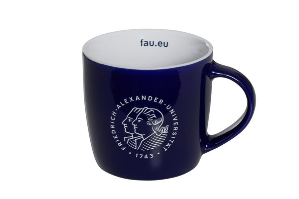 An elegant dark blue coffee mug of the FAU